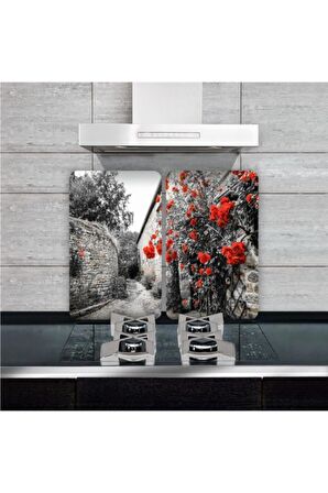 Cam Ocak Koruyucu Ve Kesim Tablası Kırmızı Çiçekler (80cm X 52cm) 2 Parça, 5'li Ocaklar